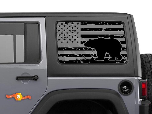 USA Flag Bear Rear Side Window Decal Pair for Jeep Wrangler Hardtop