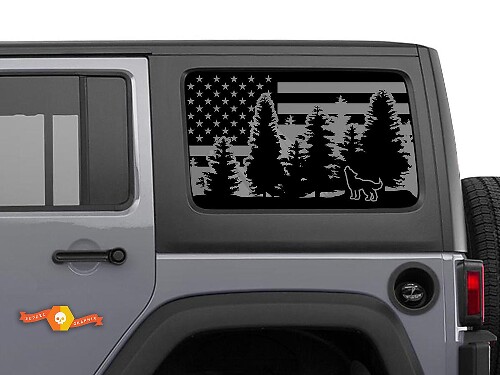 USA Flag Wolf Forest Side Window Vinyl Decals Kit for Jeep Wrangler Hardtop