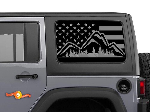 USA Flag Mountain Forest Side Window Vinyl Decal Pair for Jeep Wrangler Hardtop