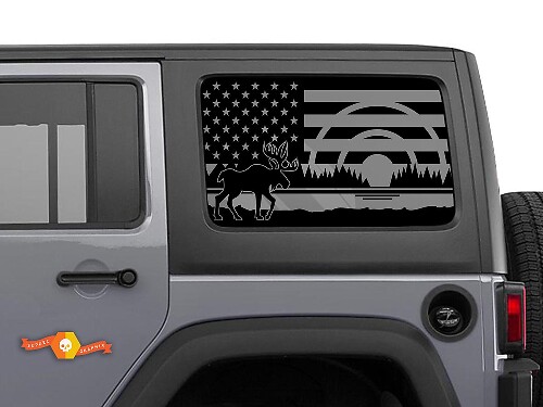 USA Flag Moose Forest Side Window Vinyl Decal Pair for Jeep Wrangler Hardtop