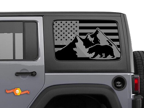 USA Flag Bear Mountains Side Window Vinyl Decal Pair for Jeep Wrangler Hardtop