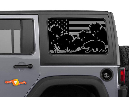 USA Flag Bear Side Window Vinyl Decals Pair for Jeep Wrangler Hardtop