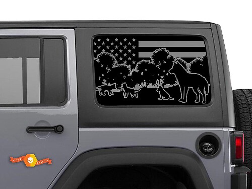 USA Flag Wolf and Cub Forest Windshield Sticker Decal For Jeep Wrangler Rubicon Hardtop JKU JLU 2007-2019 or Tacoma 4Runner Tundra Charger Challenger