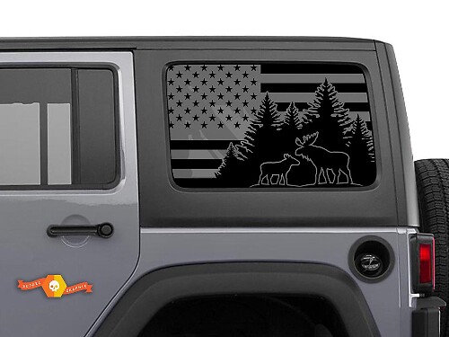 USA Flag Moose Mountains Windscreen Sticker Decal For Jeep Wrangler Rubicon Hardtop JKU JLU 2007-2019 or Tacoma 4Runner Tundra Charger Challenger