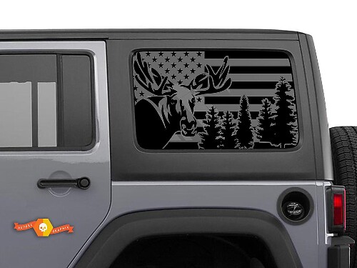 USA Flag Moose Forest Windshield Sticker Decal For Jeep Wrangler Rubicon Hardtop JKU JLU 2007-2019 or Tacoma 4Runner Tundra Charger Challenger