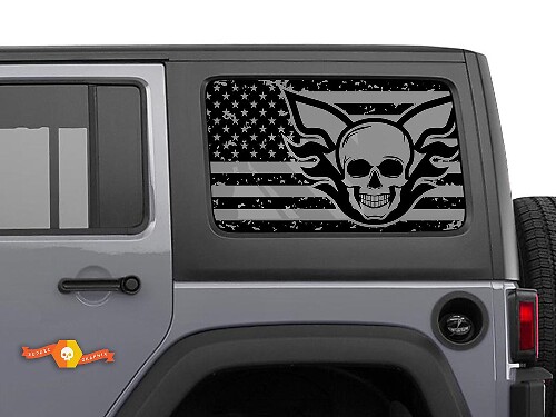 USA Flag Skull Destroyed Windscreen Sticker Decal For Jeep Wrangler Rubicon Hardtop JKU JLU 2007-2019 or Tacoma 4Runner Tundra Charger Challenger