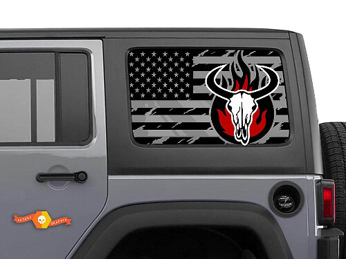 Distressed USA Flag Bull Skull Side Window Vinyl Decal Pair for Jeep Wrangler Hardtop