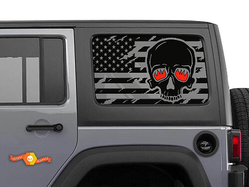 USA Flag Skull Burning Eyes Side Window Vinyl Decals for Jeep Wrangler Hardtop