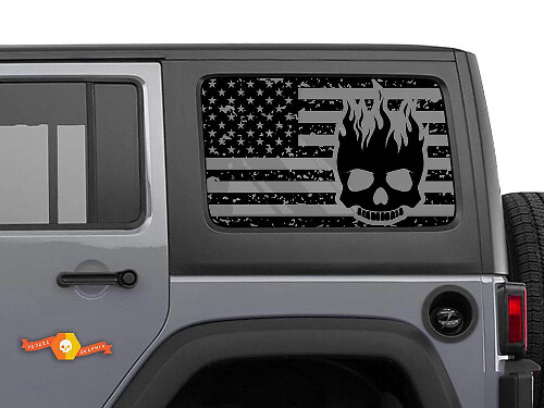 USA Flag Flaming Skull Side Window Vinyl Decal Kit for Jeep Wrangler Hardtop