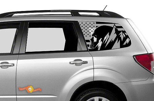 Suba Ascent Forester Hardtop USA Flag Mountains Skull Destroyed Windshield Sticker Decal JKU JLU 2007-2019 or Tacoma 4Runner Tundra Dodge Challenger Charger Wrangler Rubicon - 109
