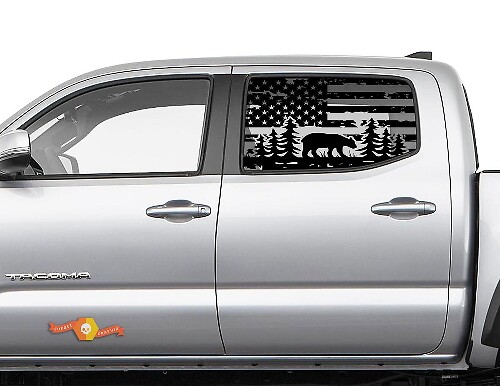 Toyota Tacoma 4Runner Tundra Hardtop USA Flag Forest Bear Windshield Sticker Decal JKU JLU 2007-2019 or  Dodge Challenger Charger Suba Ascent Forester Wrangler Rubicon - 113
