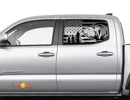 Toyota Tacoma 4Runner Tundra Hardtop USA Flag Forest Bear Windshield Sticker Decal JKU JLU 2007-2019 or  Dodge Challenger Charger Suba Ascent Forester Wrangler Rubicon - 115
