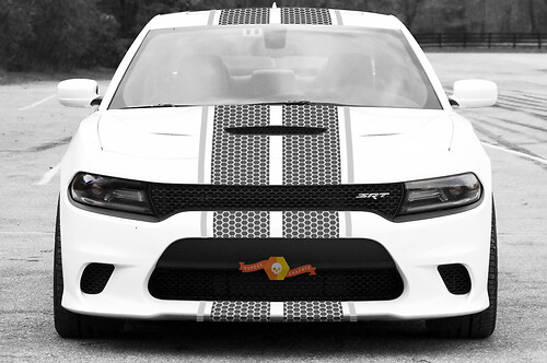 2015 & Up Dodge Challenger SRT / HELLCAT Style Double Strip with Border Honeycomb Rally Stripe Sticker Decal Kit
