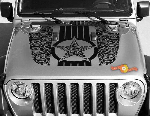 Military Star Topographic Map Hood Vinyl Decal for Jeep Wrangler and Gladiator