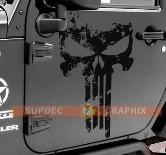 pair of PUNISHER skull Distressed Door side vinyl decal sticker for Jeep Wrangler
 1