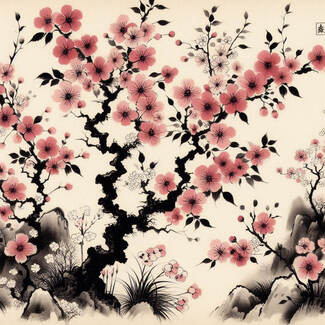 Traditional Japanese sumie painting of sakura Print decal sticker
 1