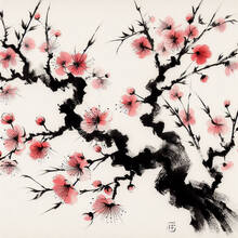 Traditional Japanese sumie painting of sakura Print decal sticker
 2