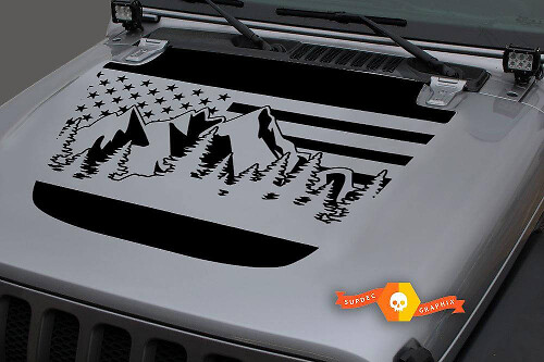USA Flag Mountains Hood Vinyl Decal for Jeep Wrangler & Gladiator