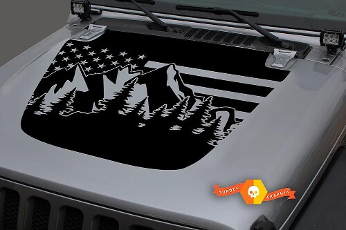 Jeep 2018-2021 Gladiator JT Wrangler JL JLU Hood Usa Flag Mountains Forest  Vinyl decal Sticker Graphics
