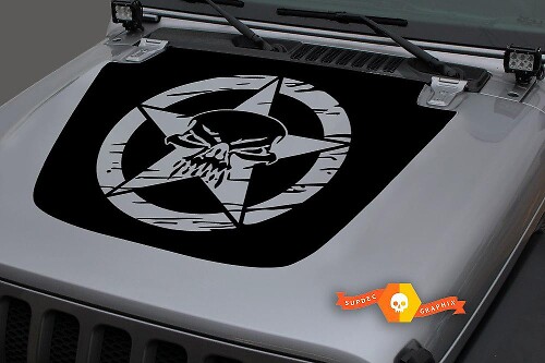 Destroyed Military Star Skull Hood Vinyl Decal for Jeep Wrangler & Gladiator 