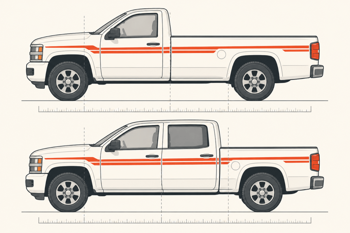 Two generic pickups in side view: a single-row cab with a longer bed above a crew cab with a shorter bed. Orange stripes cross different panel boundaries.